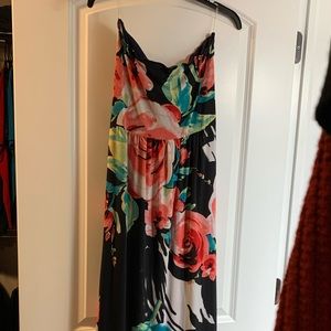 Rose Print Maxi Dress Stretch Fitted Waist